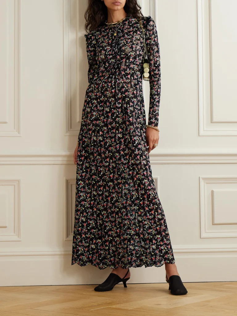 Rabanne Pintucked Embroidered Lace Maxi Dress