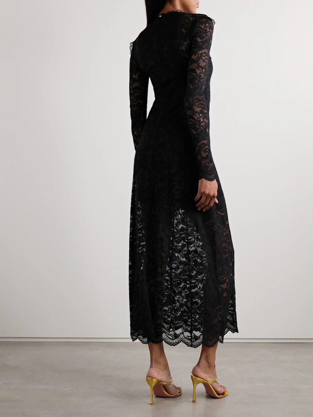 Back view of the Rabanne Pintucked Scalloped Lace Maxi Dress