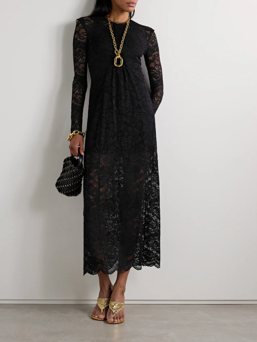 Rabanne Pintucked Scalloped Lace Maxi Dress, worn by a model