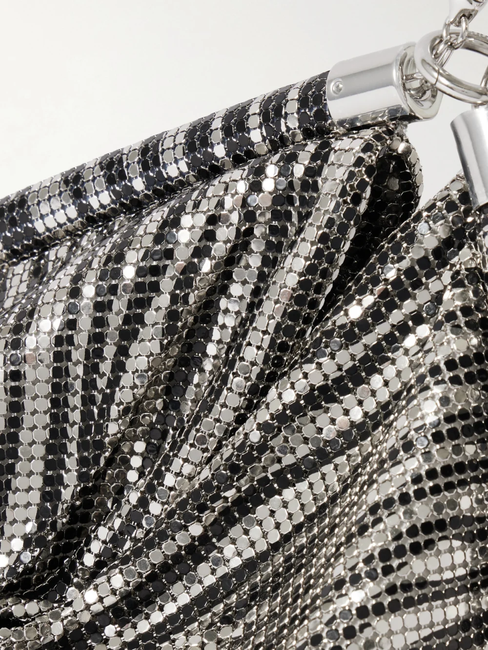 Close-up detail of the Rabanne Pixel Zebra-print Chainmail Tote