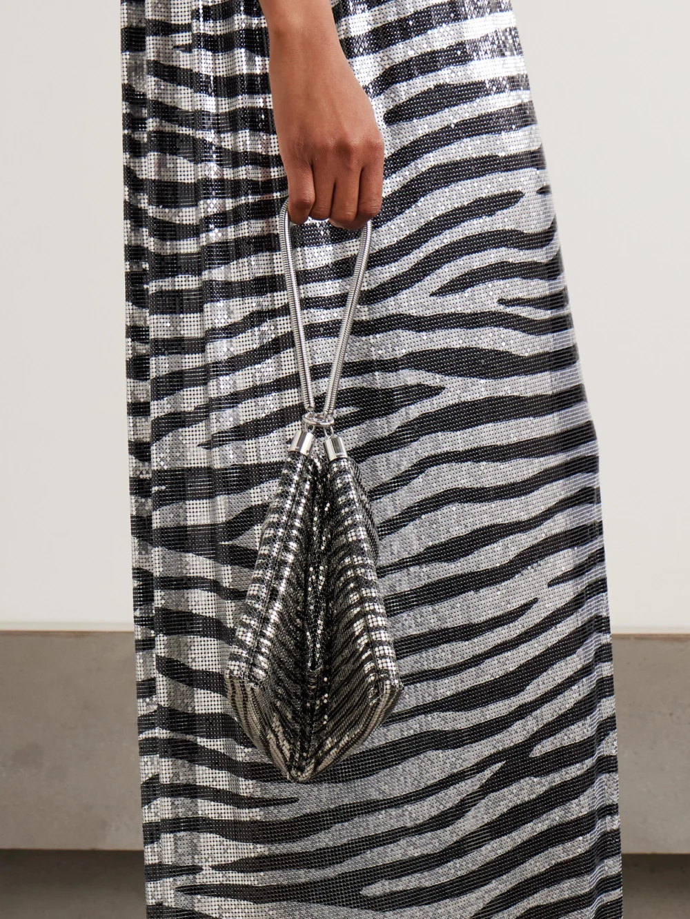 Rabanne Pixel Zebra-print Chainmail Tote, styled view