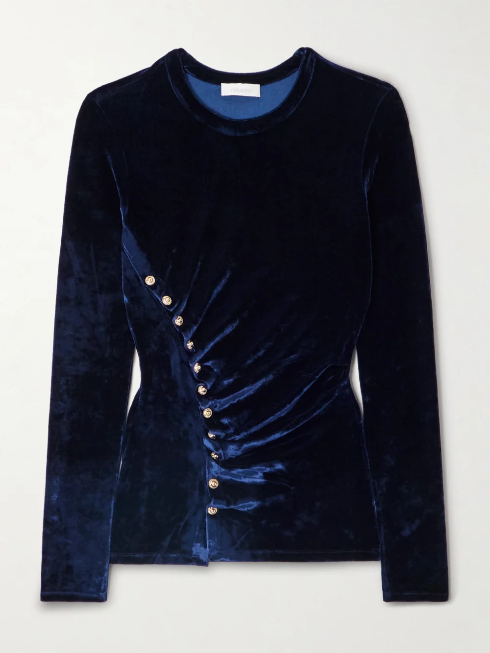 Rabanne Ruched Embellished Velvet Top in navy