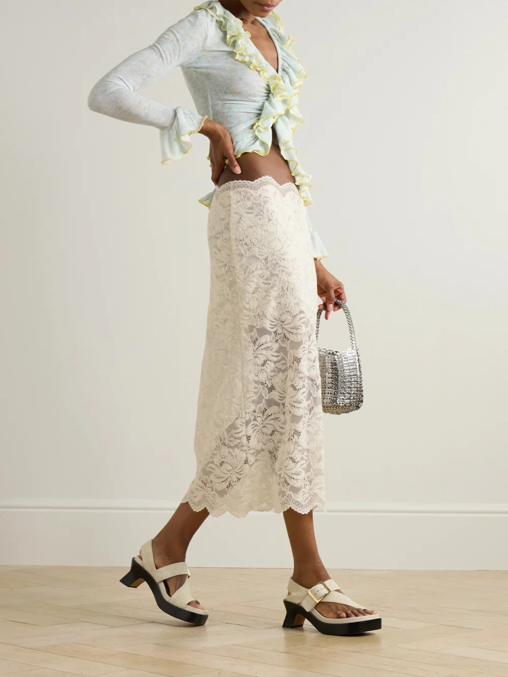 Rabanne Scalloped Lace Midi Skirt, worn by a model
