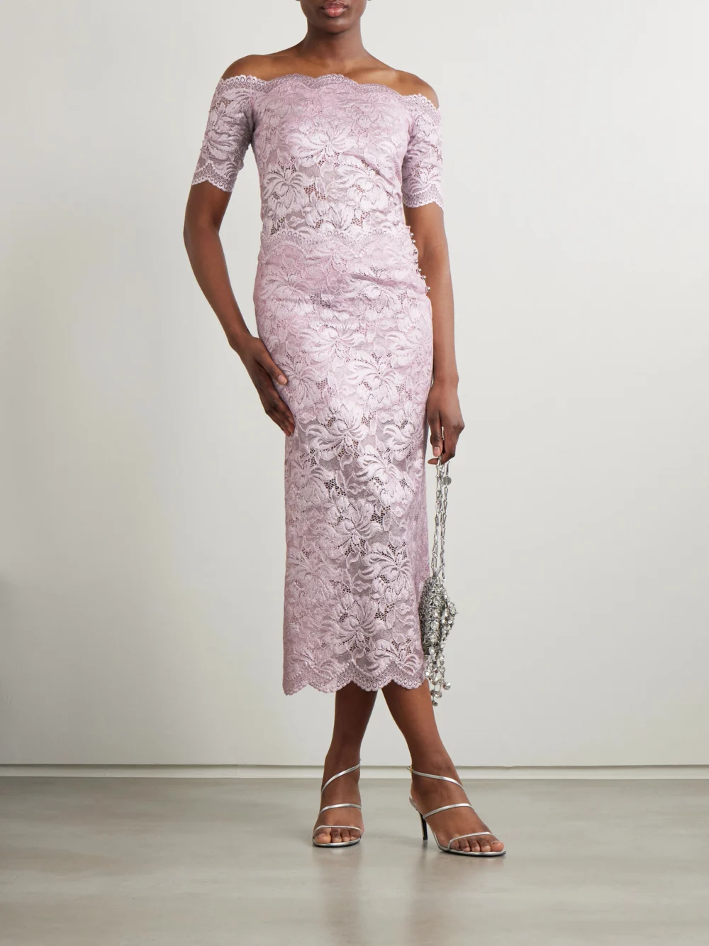 Rabanne Scalloped Metallic Stretch-lace Midi Skirt, worn by a model
