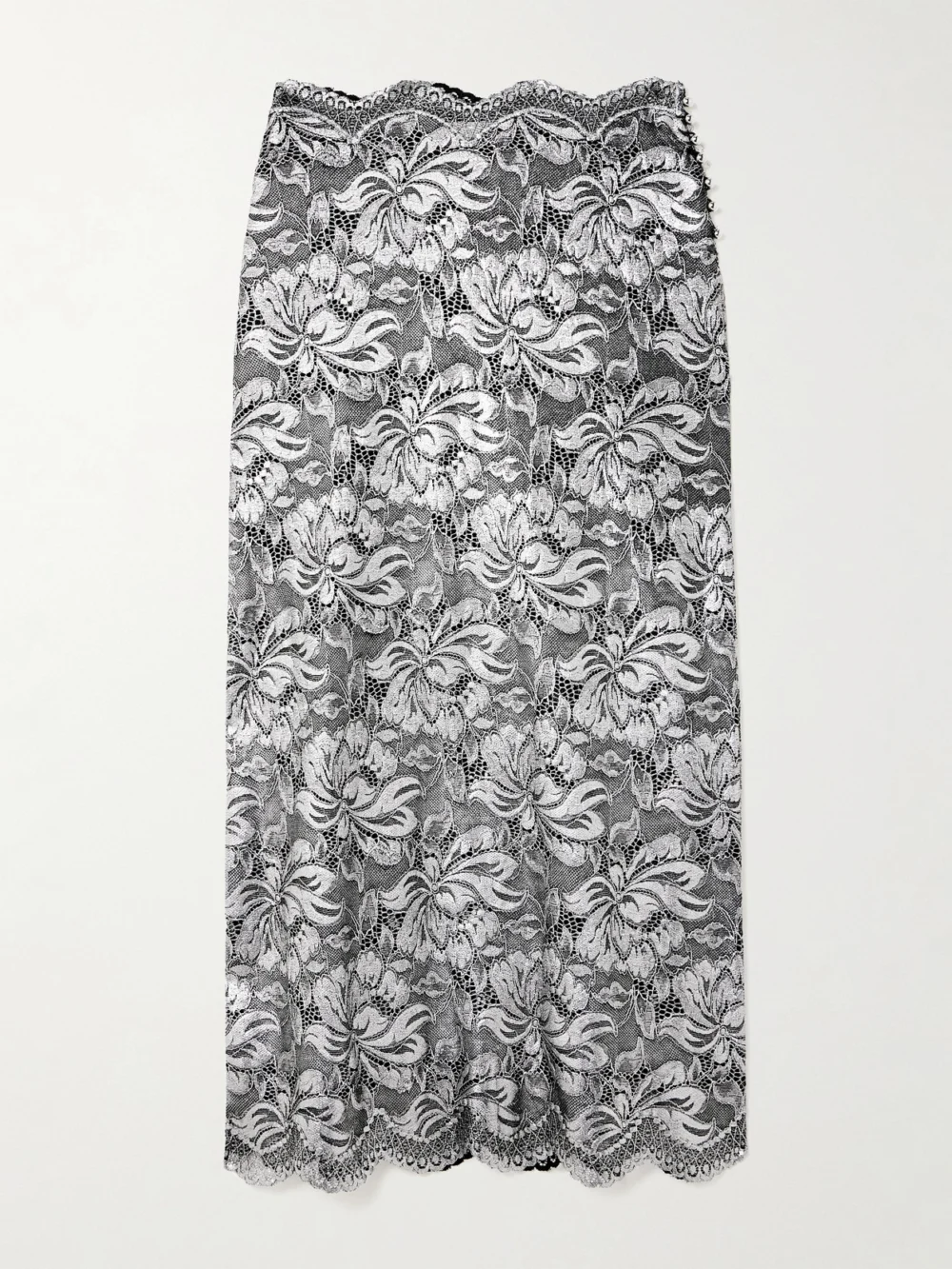 Rabanne Scalloped Metallic Stretch-lace Midi Skirt in silver