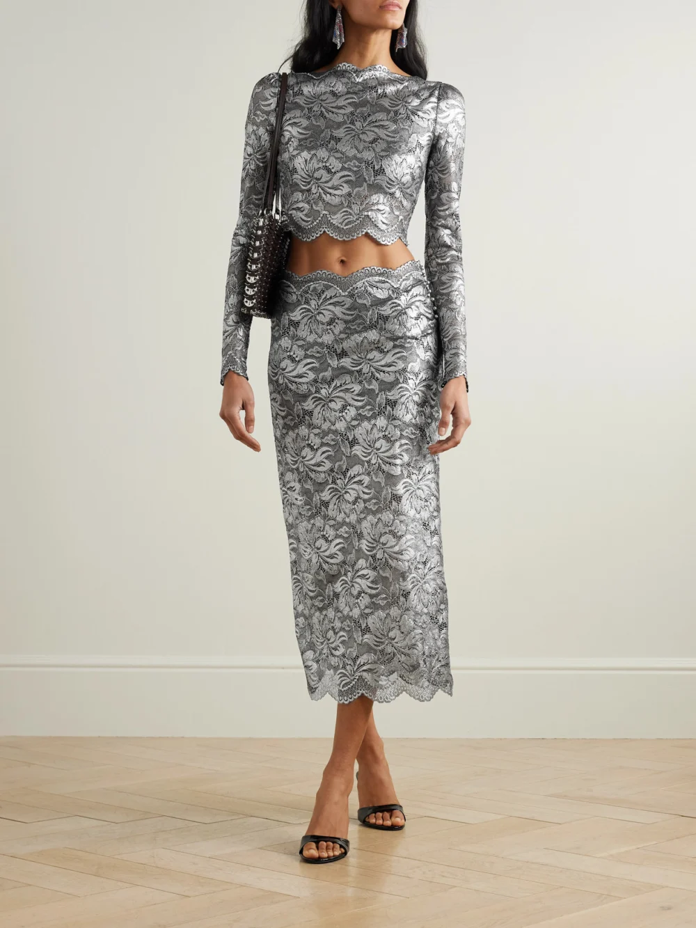 Rabanne Scalloped Metallic Stretch-lace Midi Skirt, worn by a model