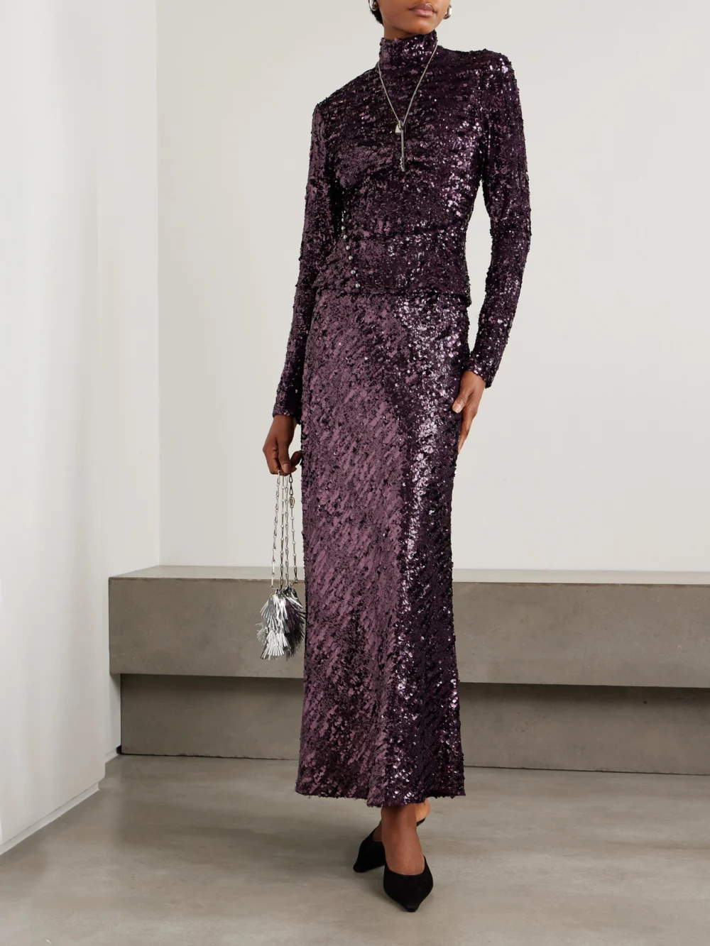 Rabanne Sequined Chiffon Maxi Skirt, worn by a model