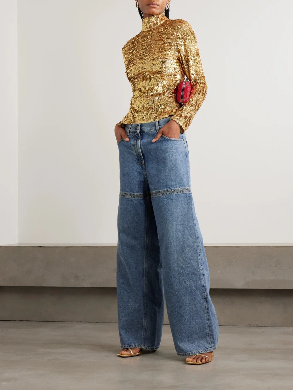Rabanne Sequined Crepe De Chine Turtleneck Top, worn by a model