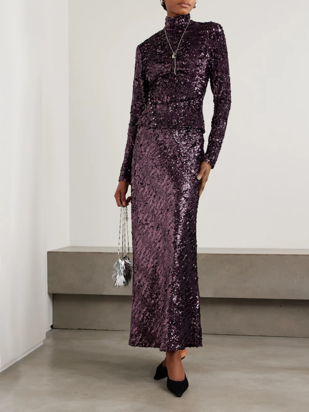 Rabanne Sequinned Chiffon Turtleneck Top, worn by a model