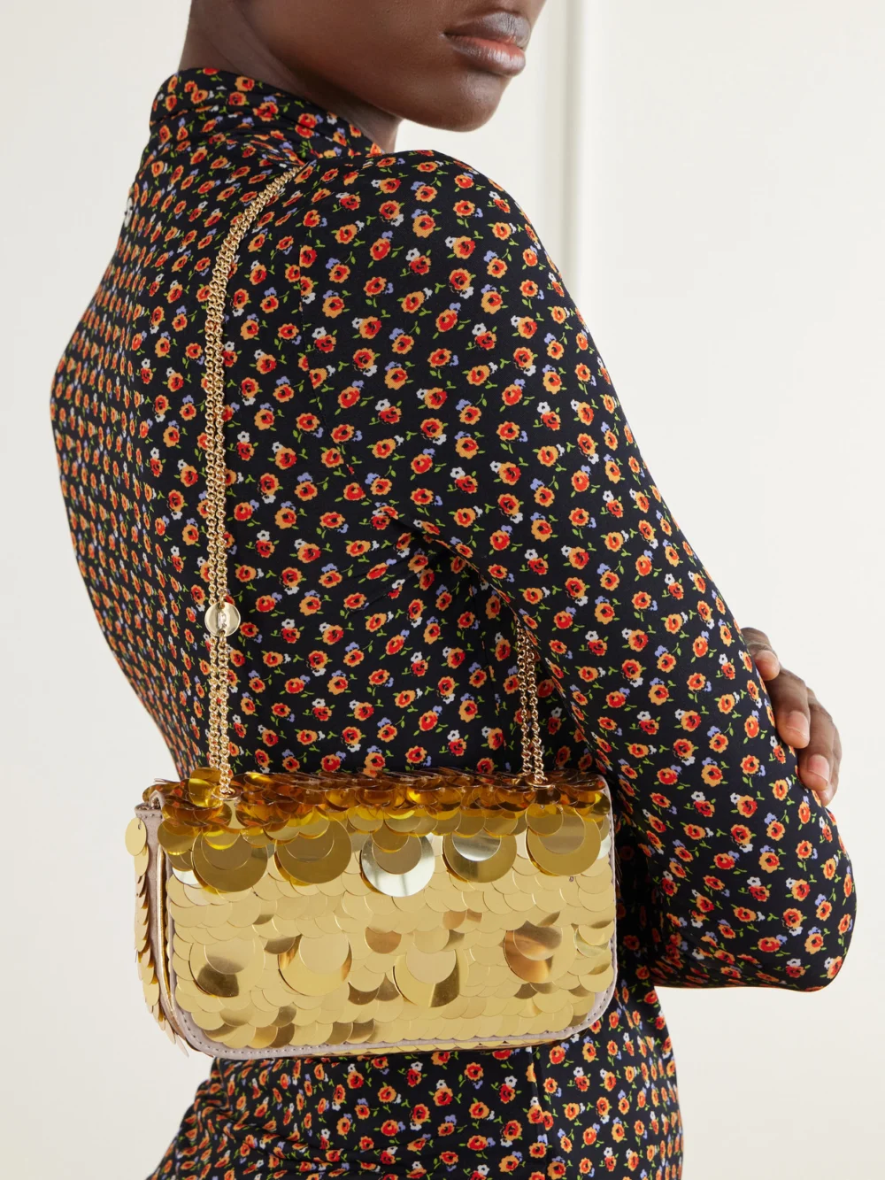 Rabanne Sparkle Mini Sequin-embellished Shoulder Bag, styled view