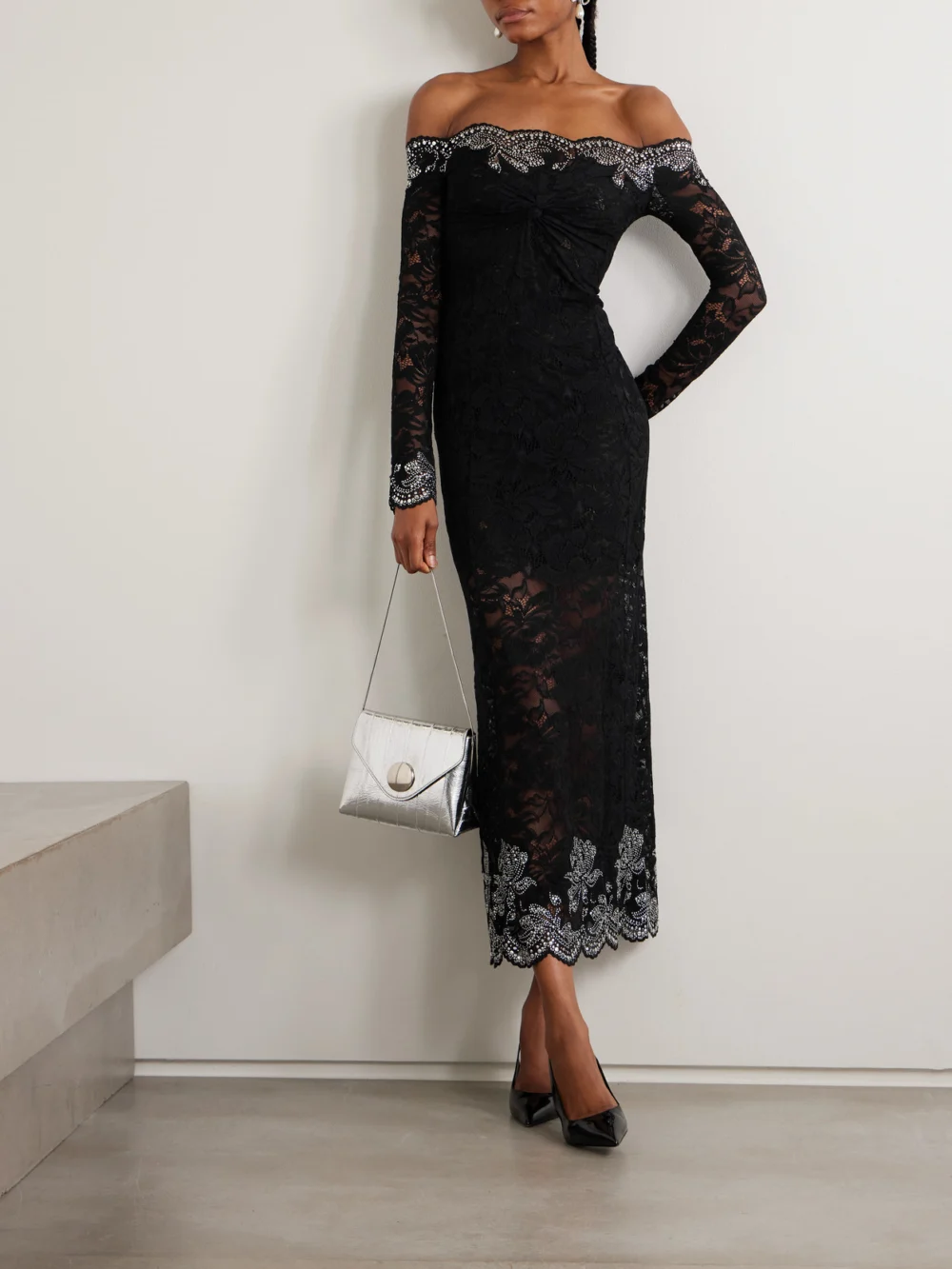 Rabanne Studded Stretch-lace Midi Dress, worn by a model