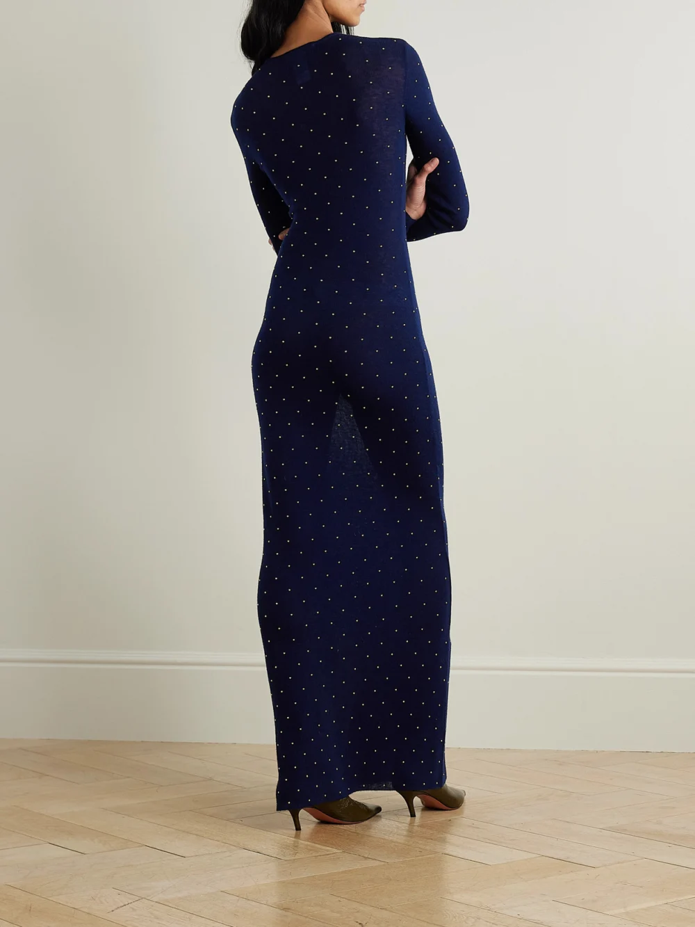 Back view of the Rabanne Studded Wool-blend Maxi Dress