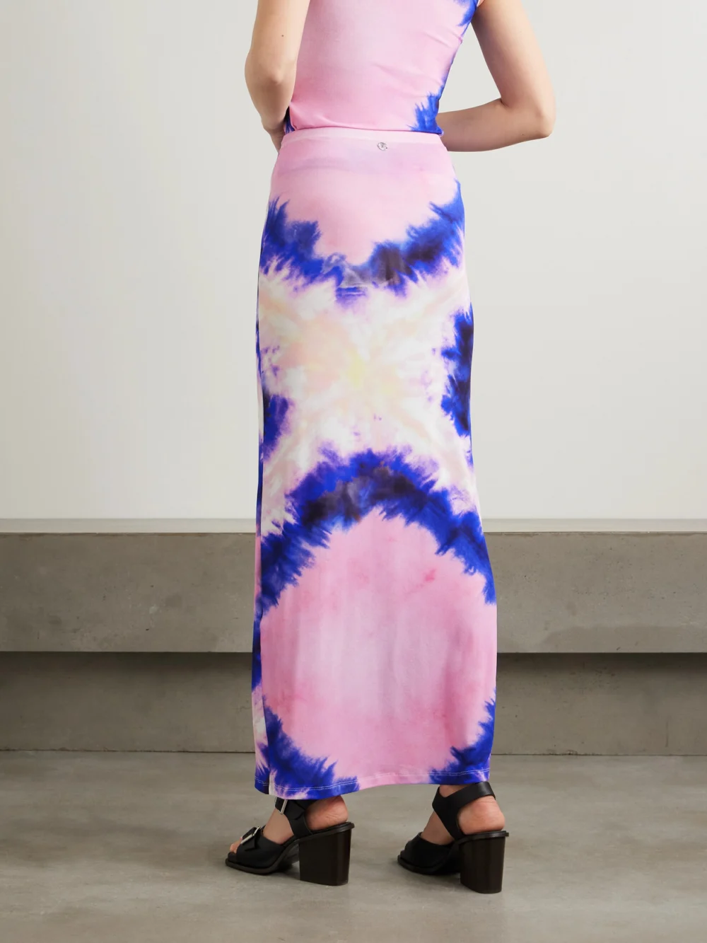 Back view of the Rabanne Tie-dyed Stretch-crepe Maxi Skirt
