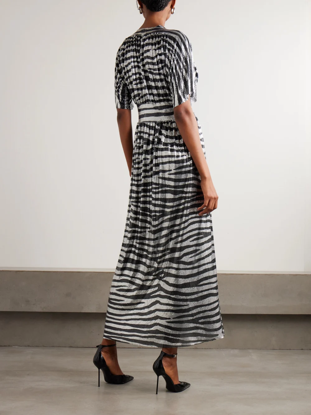 Back view of the Rabanne Zebra-print Chainmail Midi Dress