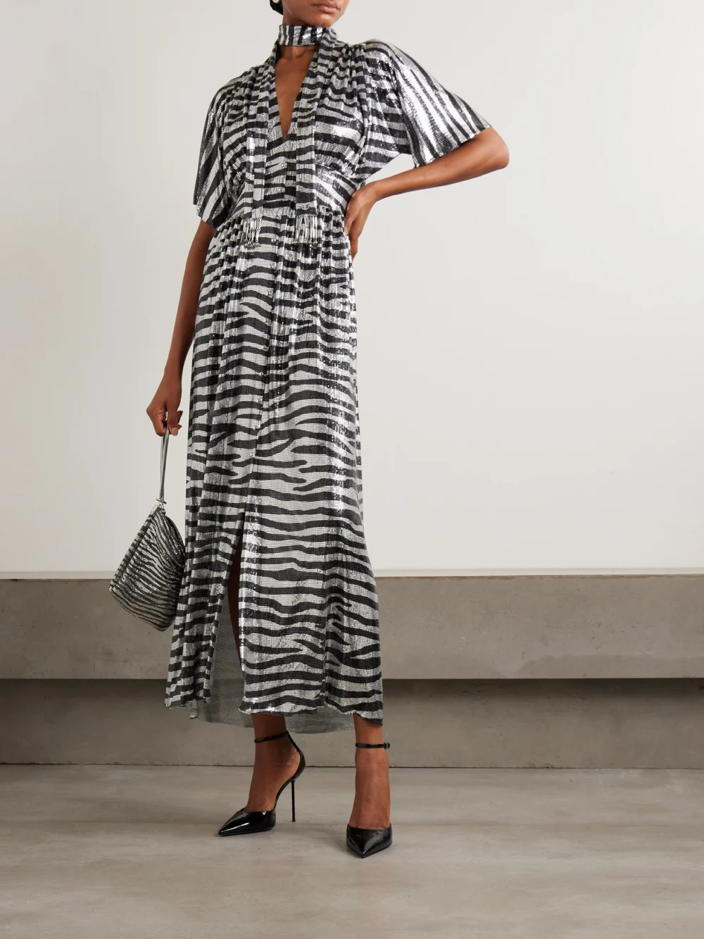 Rabanne Zebra-print Chainmail Midi Dress, worn by a model