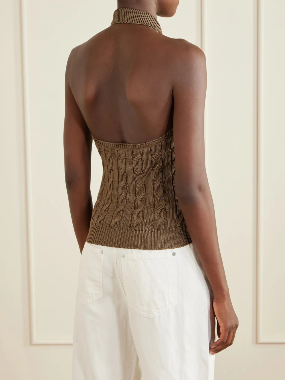Back view of the Ralph Lauren Collection Cable-knit Halterneck Stretch-silk Polo Vest