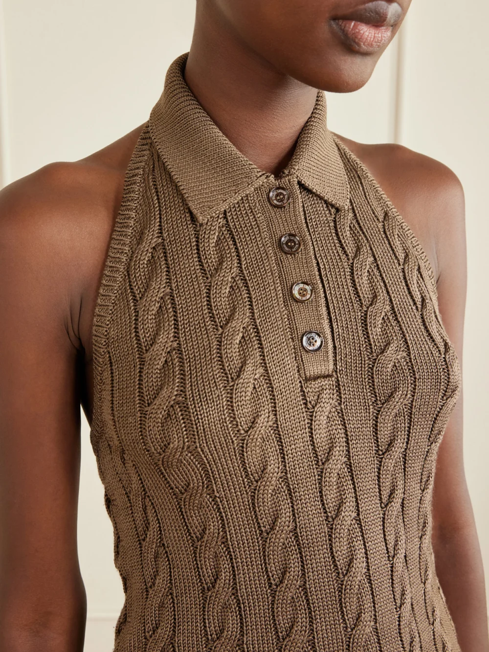 Close-up detail of the Ralph Lauren Collection Cable-knit Halterneck Stretch-silk Polo Vest