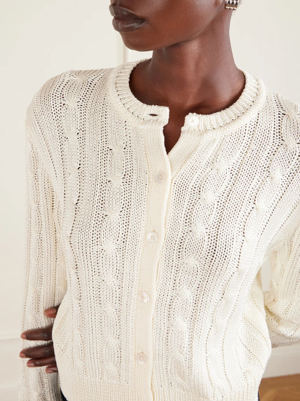 Close-up detail of the Ralph Lauren Collection Cable-knit Silk Cardigan