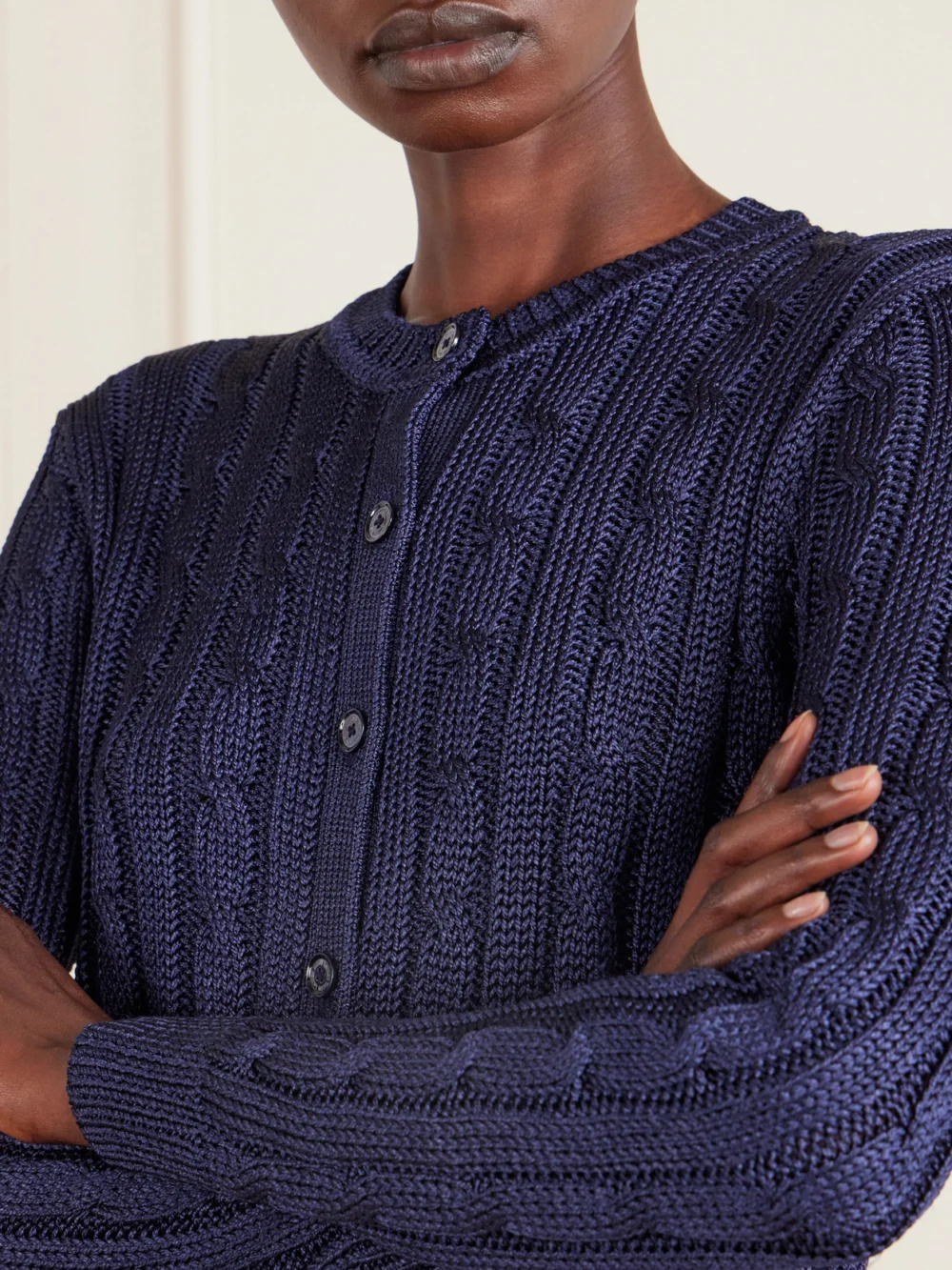 Close-up detail of the Ralph Lauren Collection Cable-knit Silk Cardigan