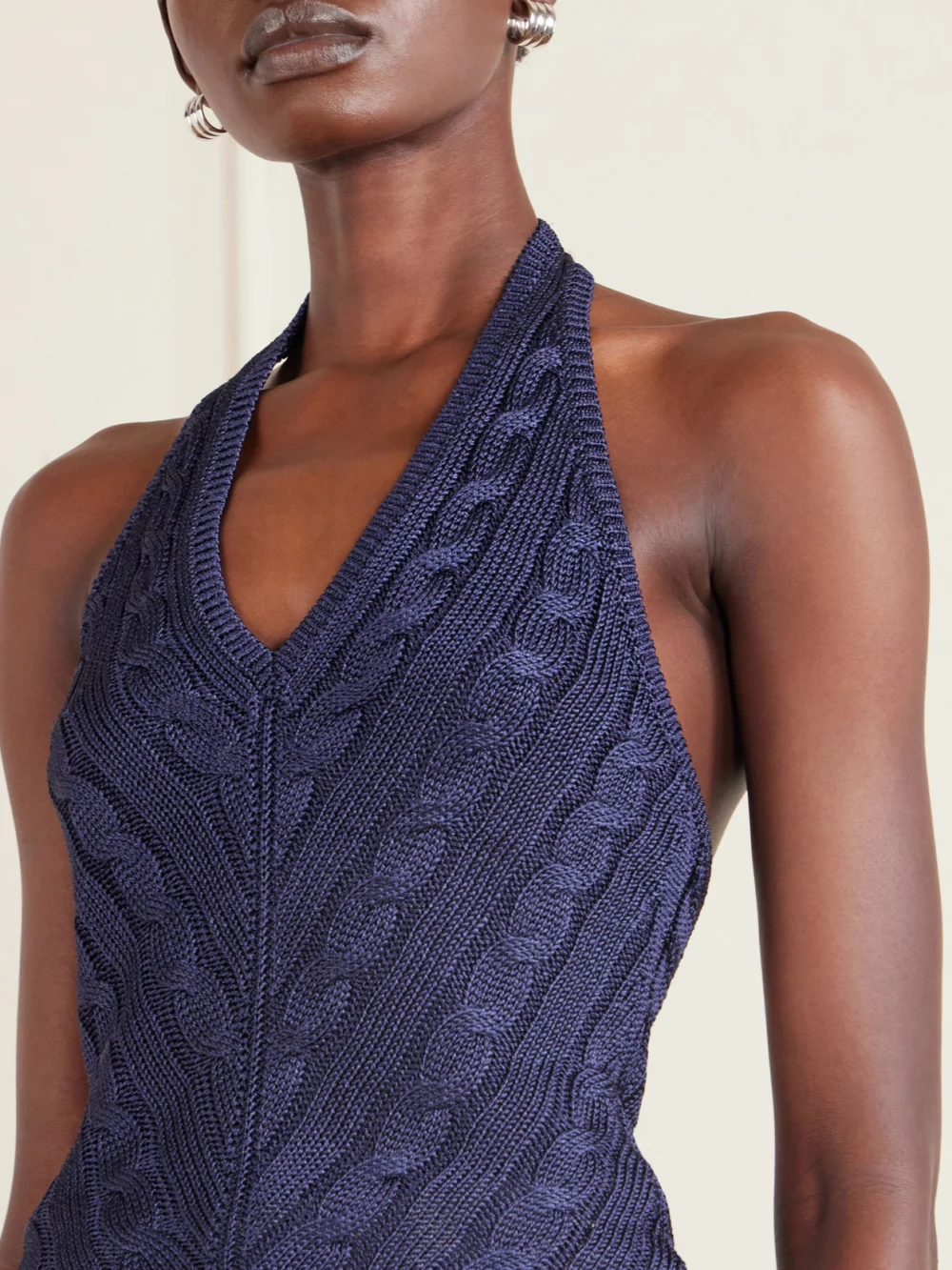 Close-up detail of the Ralph Lauren Collection Cable-knit Silk Halterneck Top