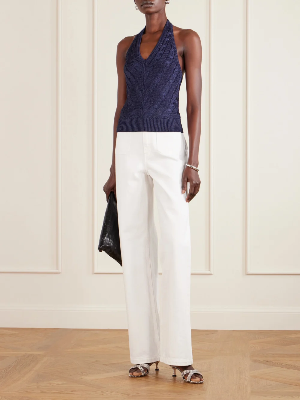 Ralph Lauren Collection Cable-knit Silk Halterneck Top, worn by a model