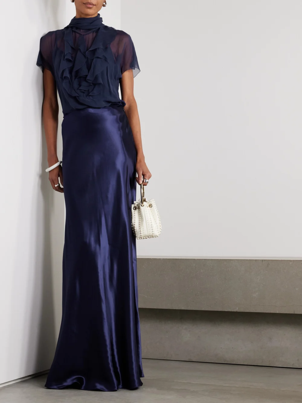 Ralph Lauren Collection Etta Pussy-bow Ruffled Silk-chiffon Blouse, worn by a model