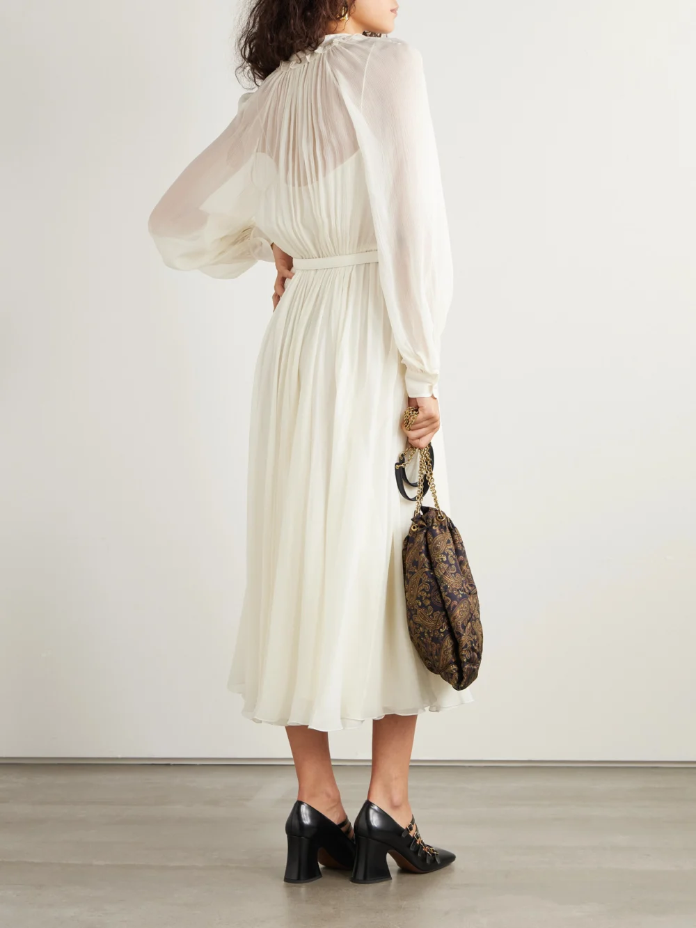 Back view of the Ralph Lauren Collection Grantly Belted Pleated Silk-crepon Midi Dress