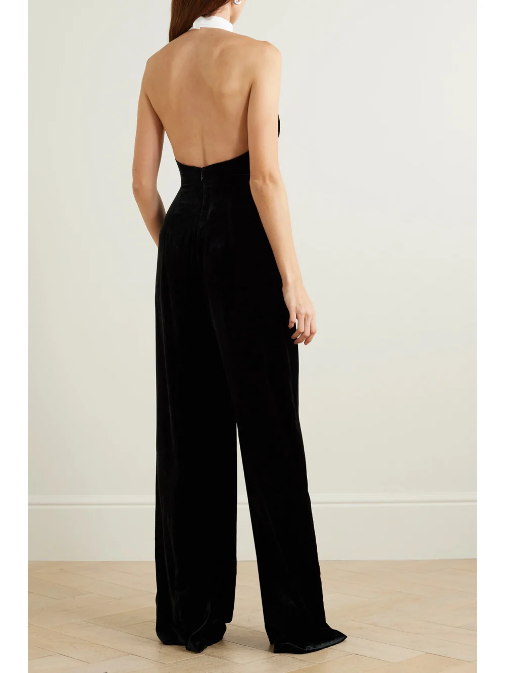 Back view of the Ralph Lauren Collection Illeana Two-tone Piqué and Velvet Halterneck Jumpsuit