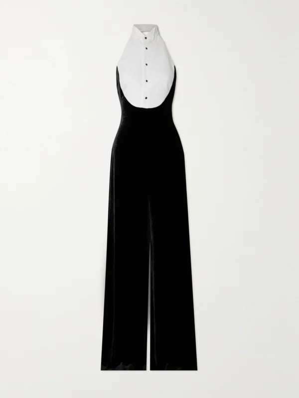 Ralph Lauren Collection Illeana Two-tone Piqué and Velvet Halterneck Jumpsuit