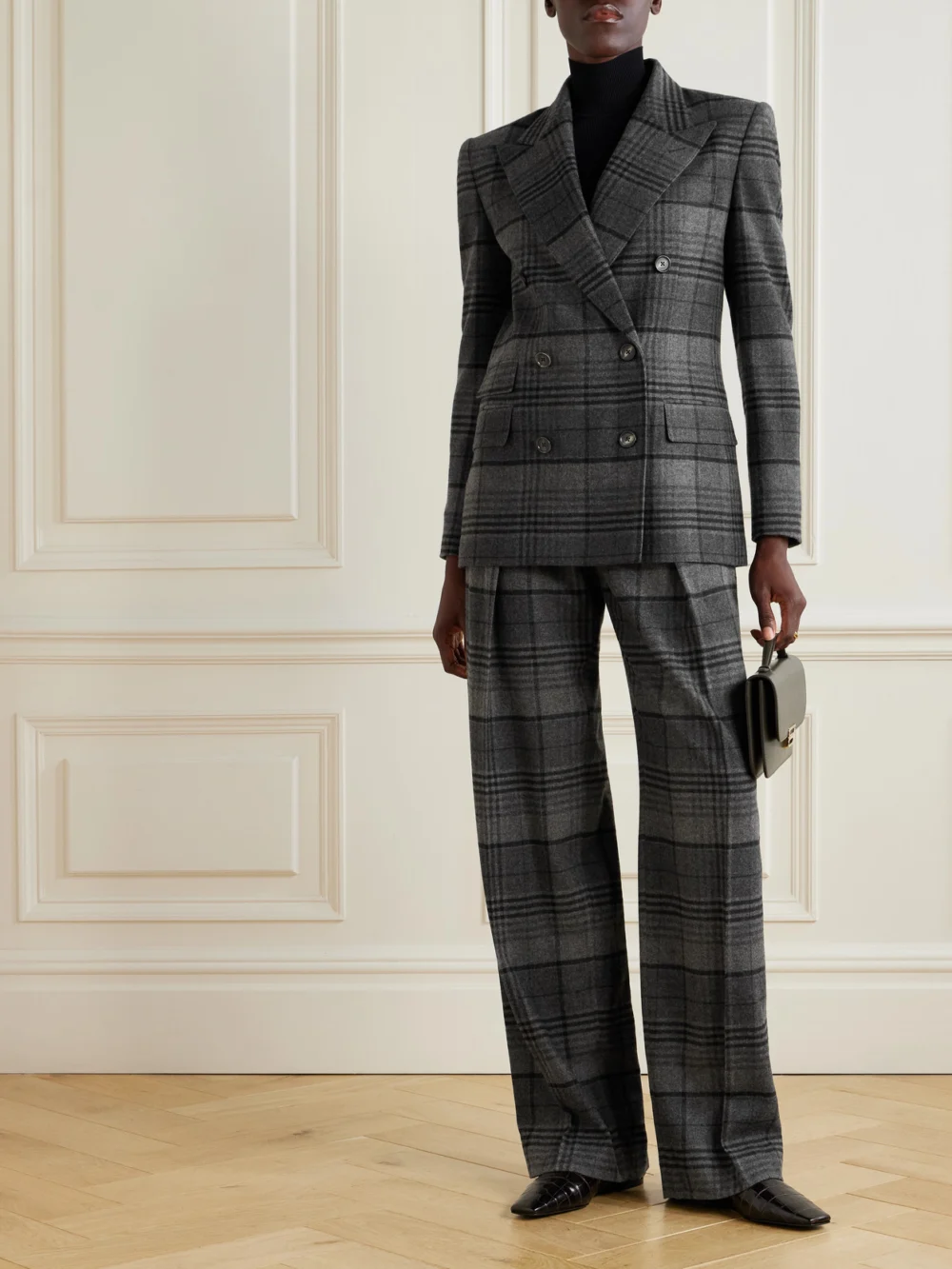 Ralph Lauren Collection Kent Double-breasted Checked Wool Blazer, worn by a model