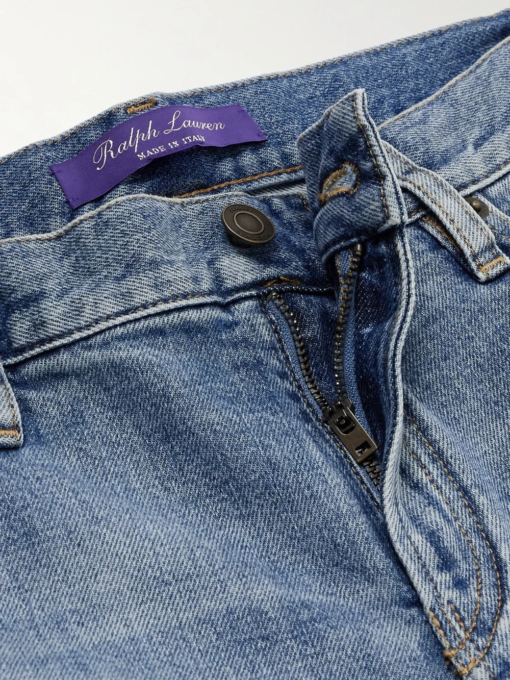 Close-up detail of the Ralph Lauren Collection Mid-rise Wide-leg Jeans