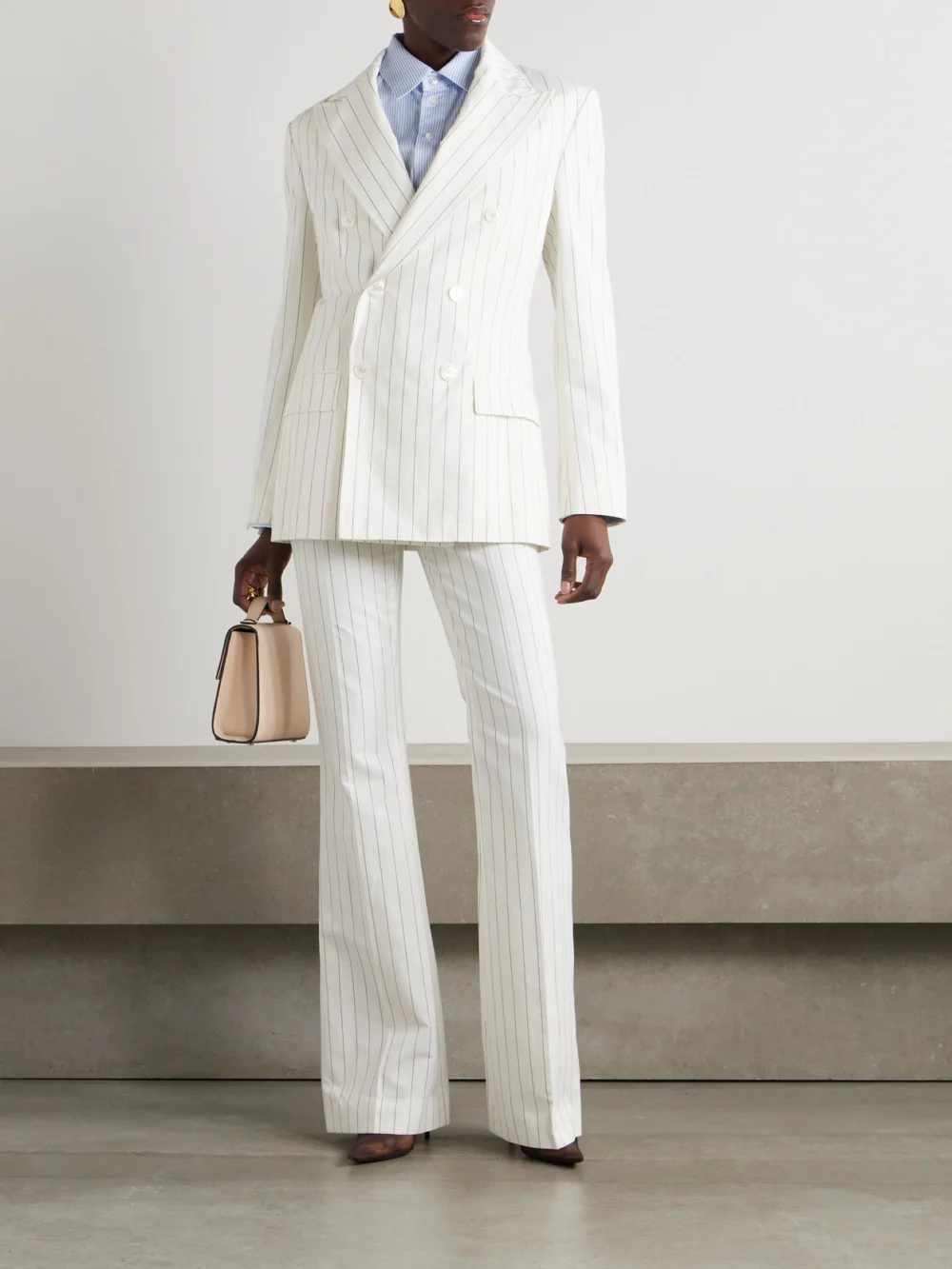 Ralph Lauren Collection Neeva Pinstriped Cotton, Linen and Wool-blend Flared Pants, worn by a model