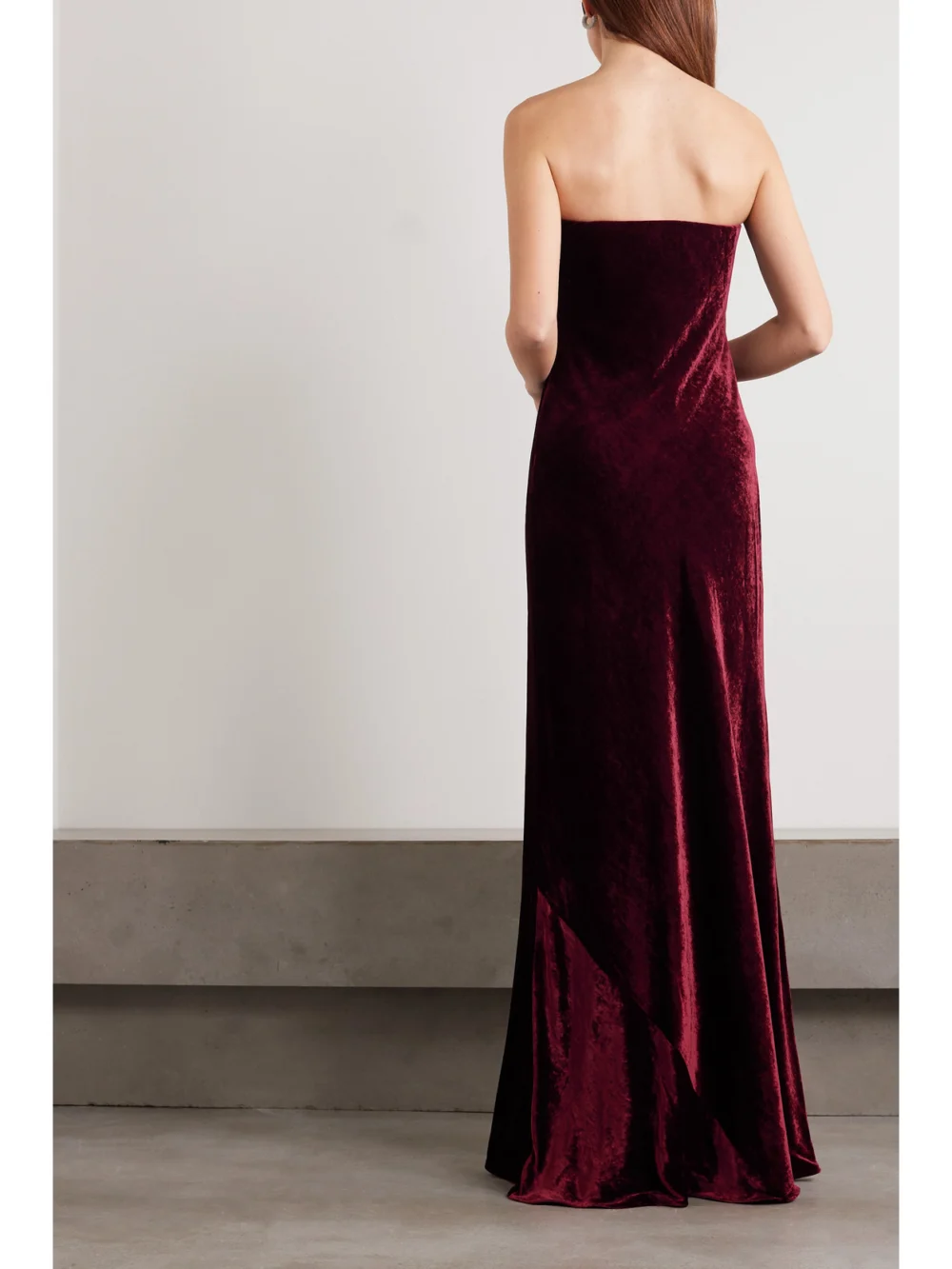 Back view of the Ralph Lauren Collection Niles Strapless Bow-embellished Velvet Gown