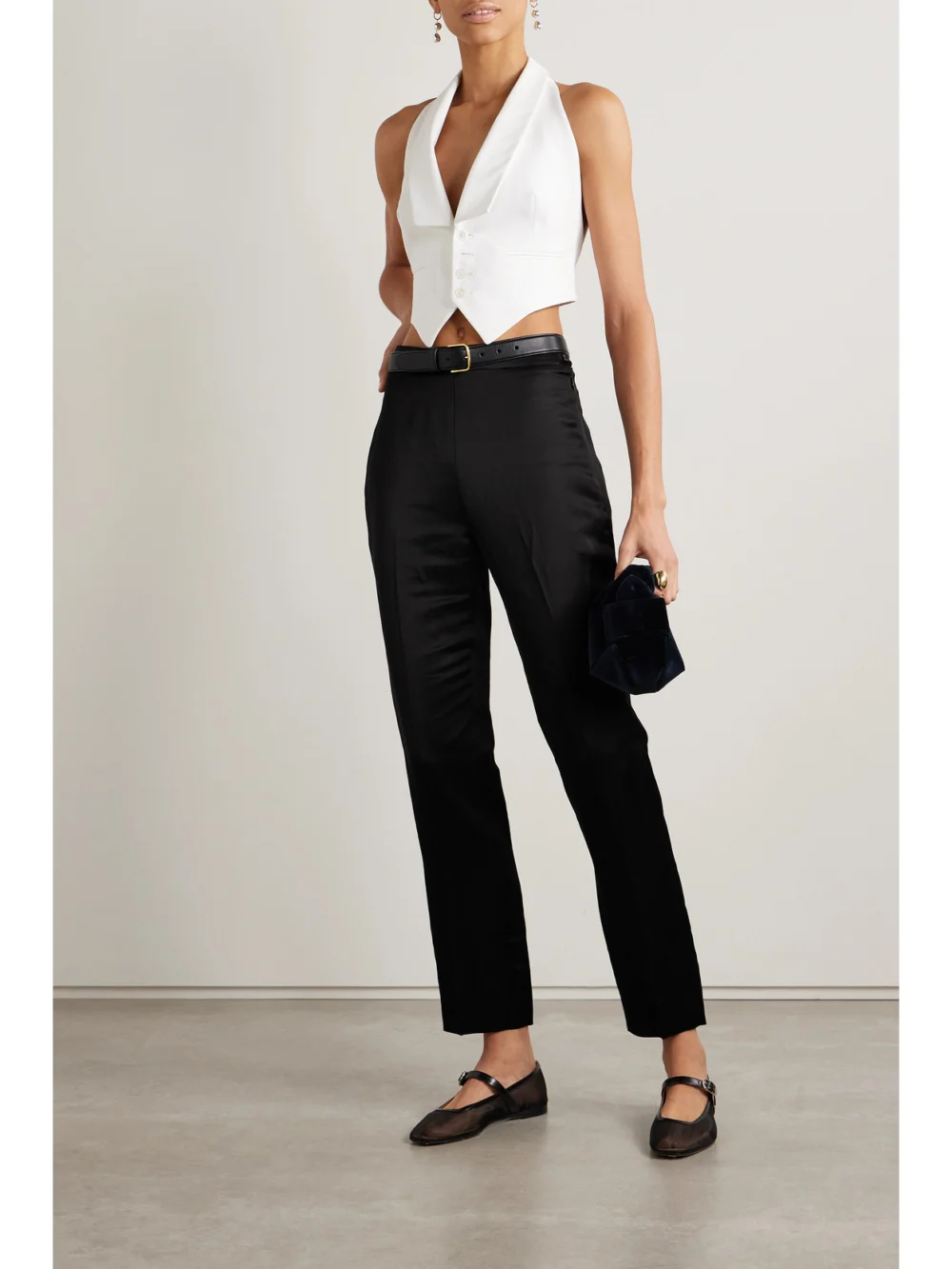 Ralph Lauren Collection Robynn Linen-blend Satin Straight-leg Pants, worn by a model