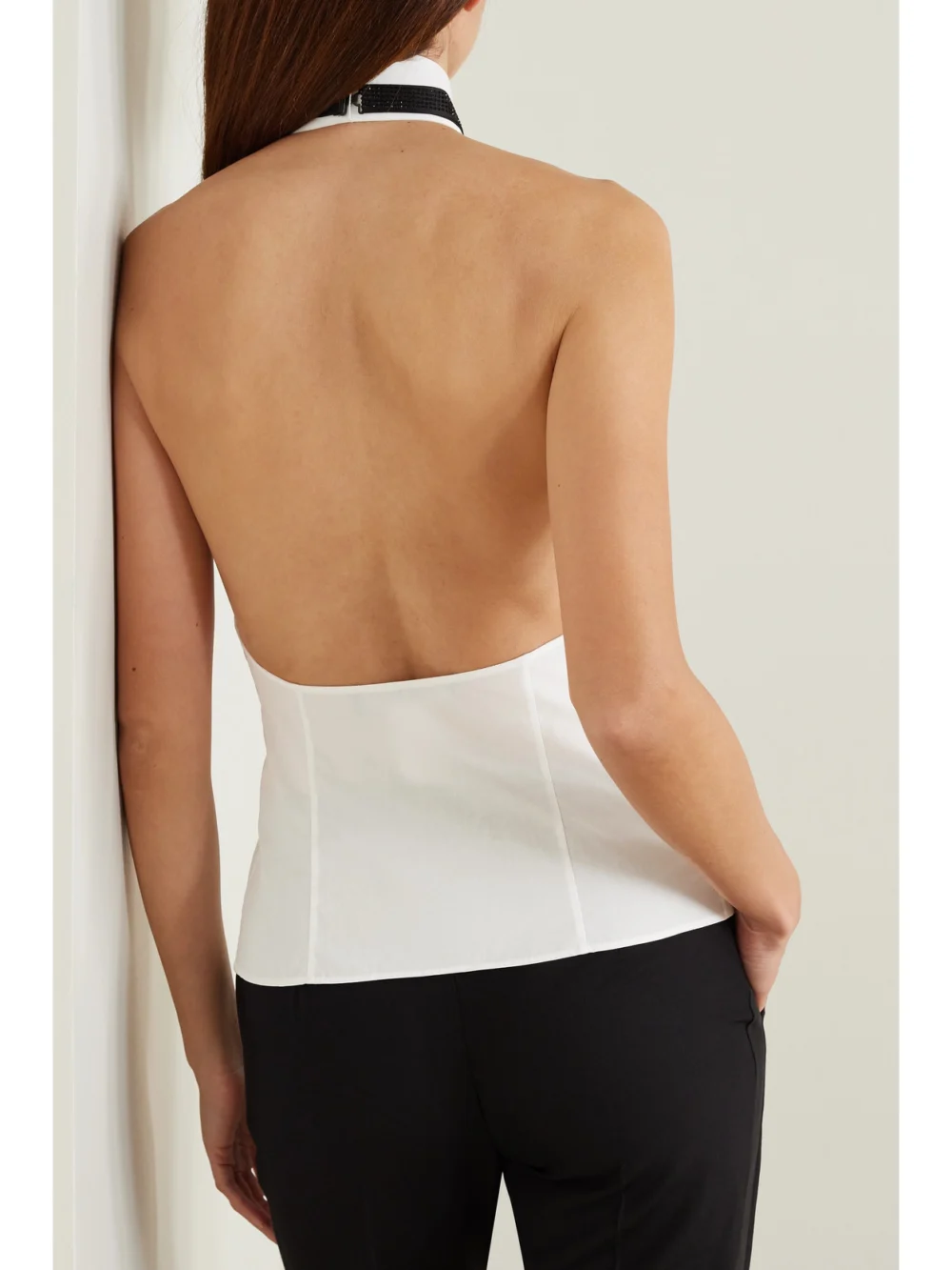 Back view of the Ralph Lauren Collection Sorrento Embellished Bow-detailed Pleated Cotton-poplin Halterneck Top