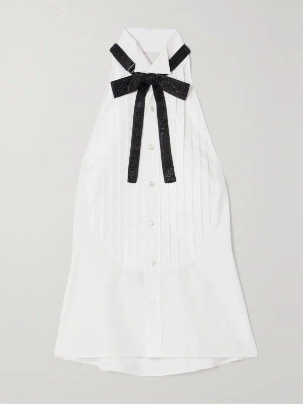 Ralph Lauren Collection Sorrento Embellished Bow-detailed Pleated Cotton-poplin Halterneck Top