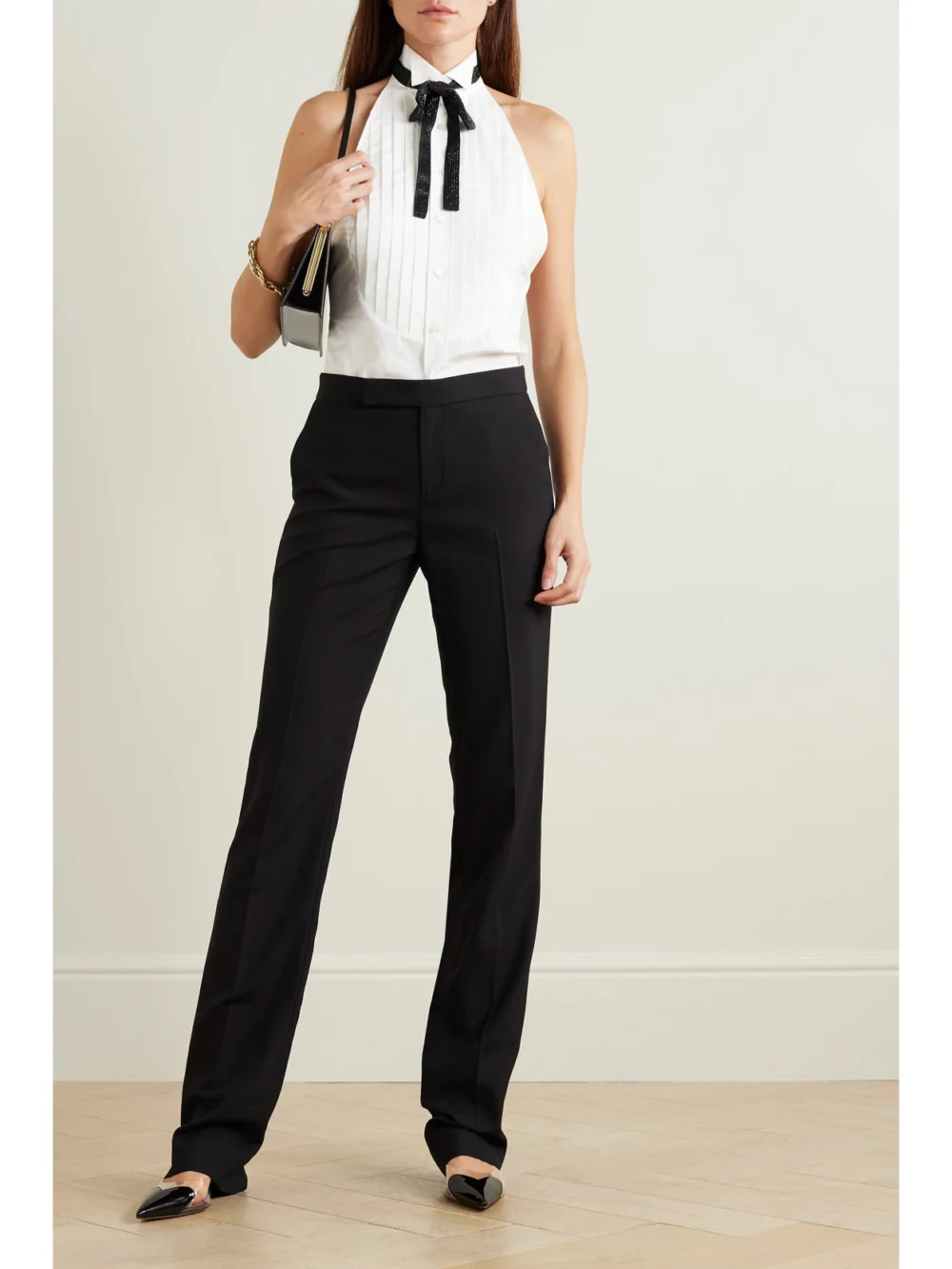 Ralph Lauren Collection Sorrento Embellished Bow-detailed Pleated Cotton-poplin Halterneck Top, worn by a model