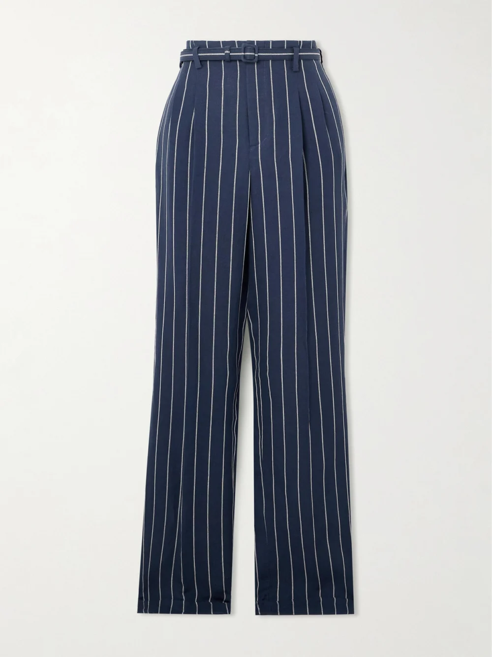 Ralph Lauren Collection Stamford Belted Pleated Pinstriped Linen and Cotton-blend Straight-leg Pants in blue
