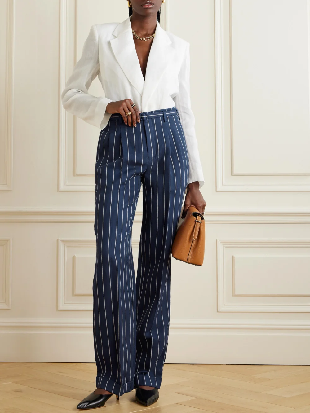 Ralph Lauren Collection Stamford Belted Pleated Pinstriped Linen and Cotton-blend Straight-leg Pants, worn by a model
