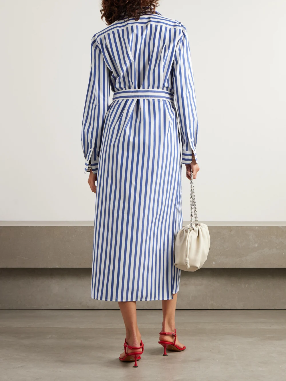 Back view of the Ralph Lauren Collection Vicki Belted Striped Cotton-poplin Midi Shirt Dress