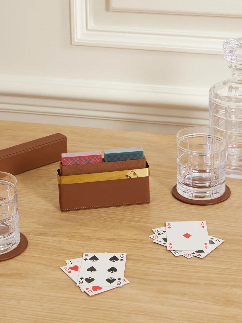 Ralph Lauren Home Westover Leather and Gold-tone Playing Cards Set, styled view