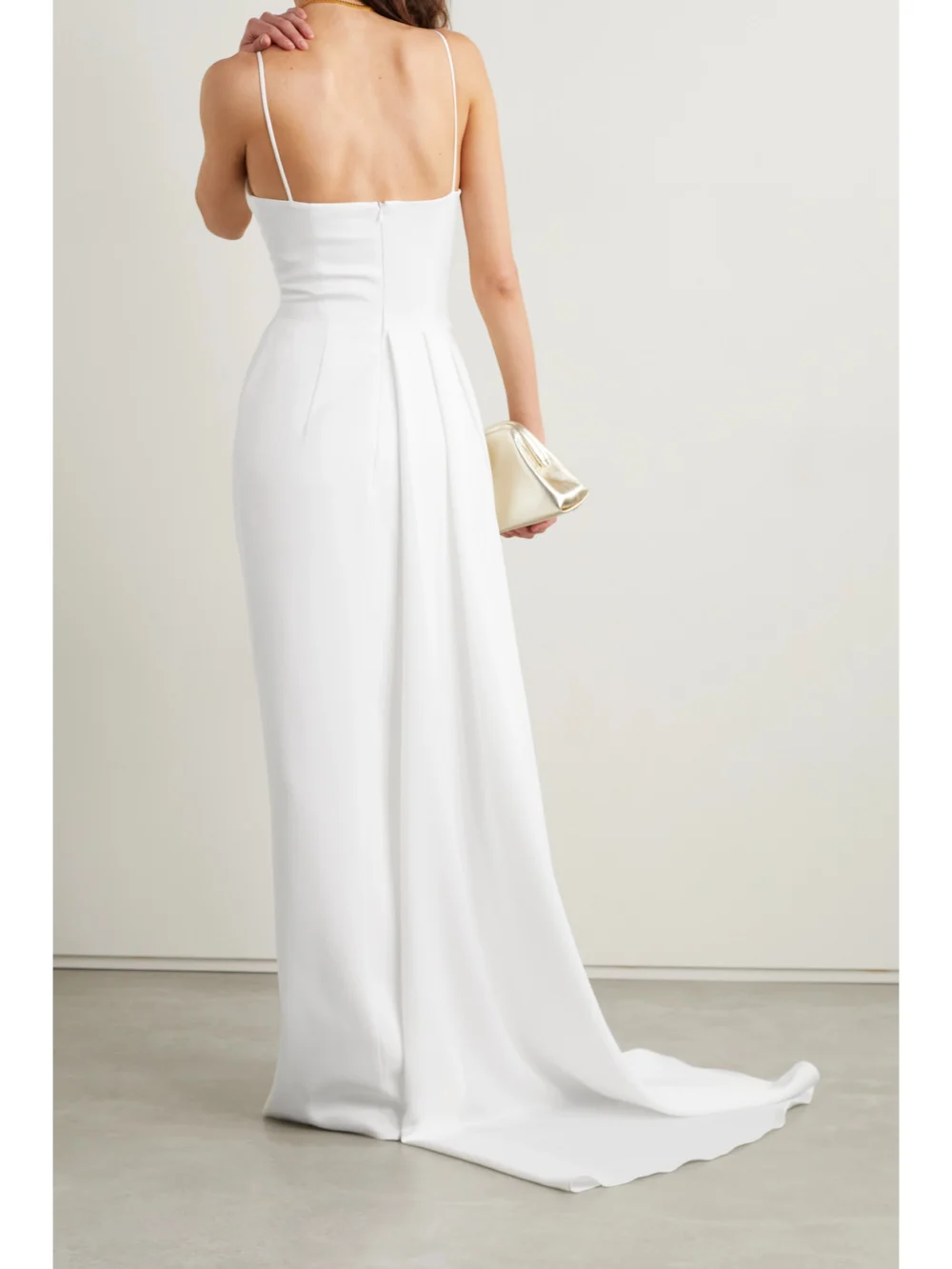 Back view of the Rasario Asymmetric Draped Duchesse-satin Gown