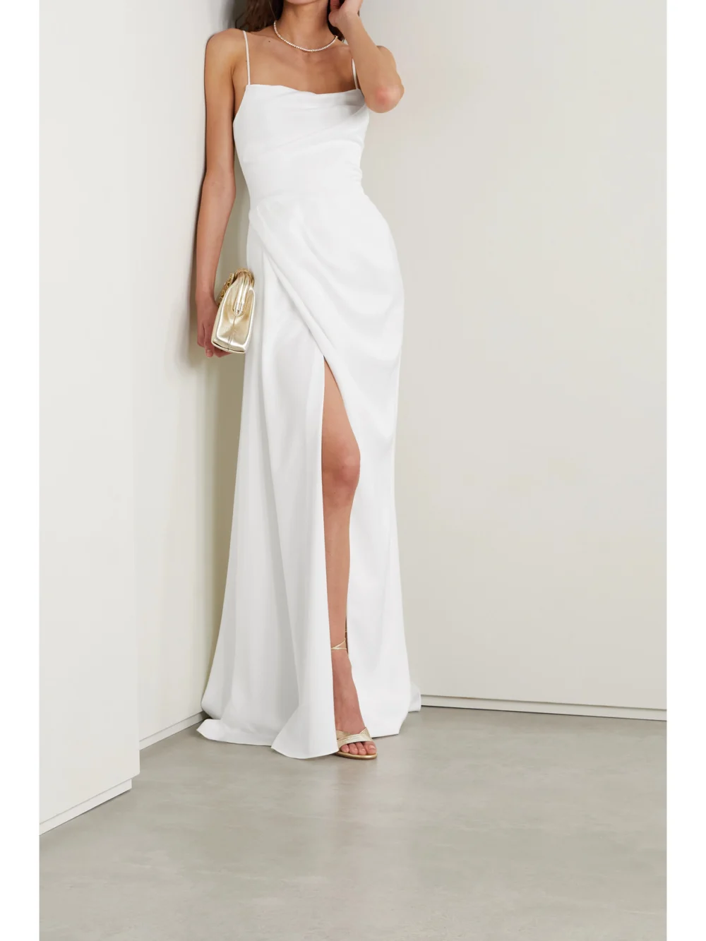 Rasario Asymmetric Draped Duchesse-satin Gown, worn by a model