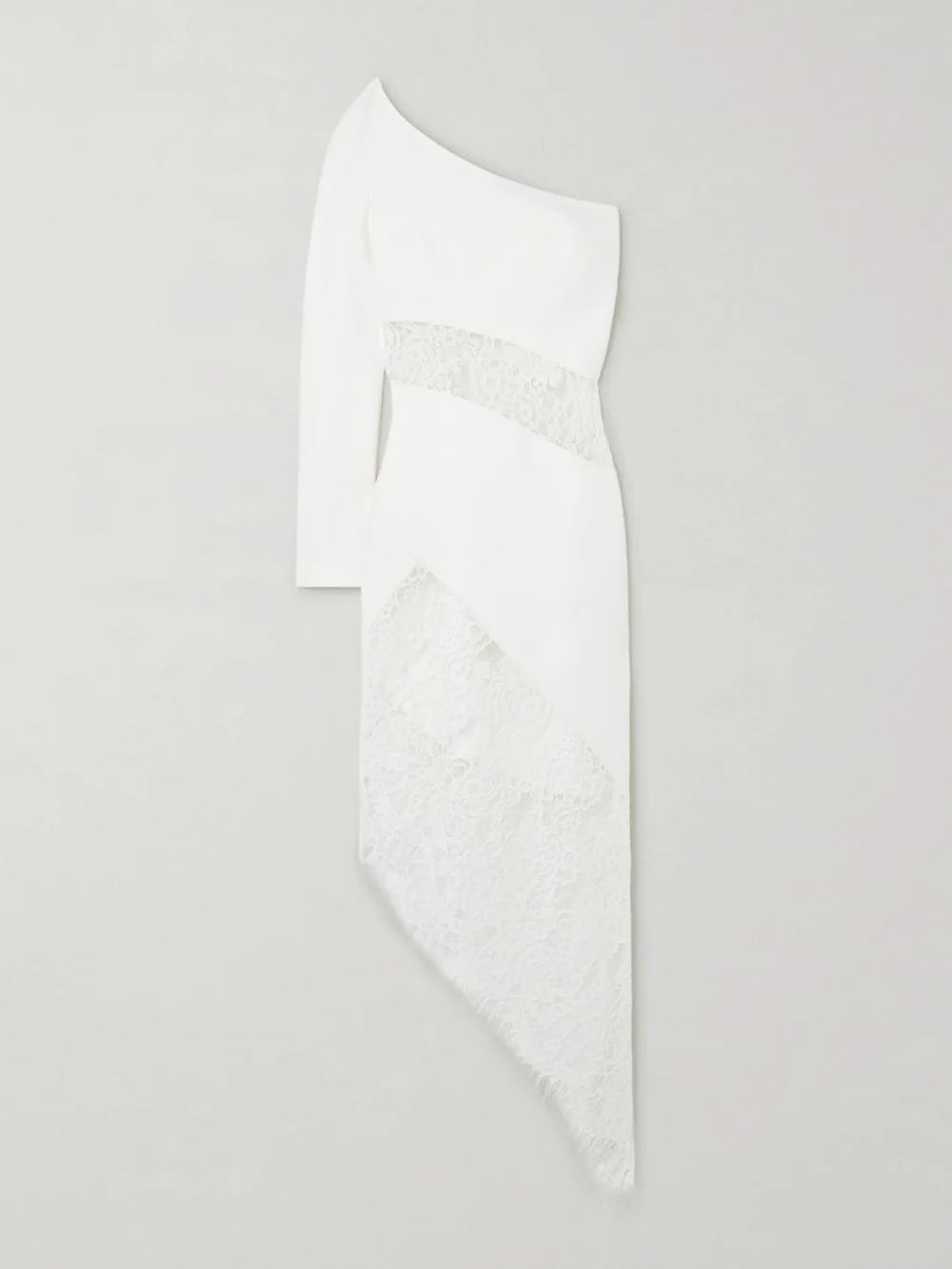 Rasario Asymmetric One-sleeve Lace-paneled Crepe Midi Dress in white
