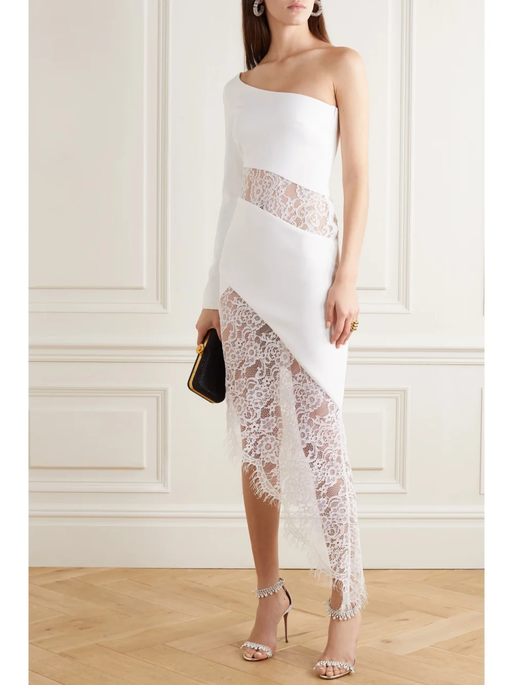 Rasario Asymmetric One-sleeve Lace-paneled Crepe Midi Dress, worn by a model
