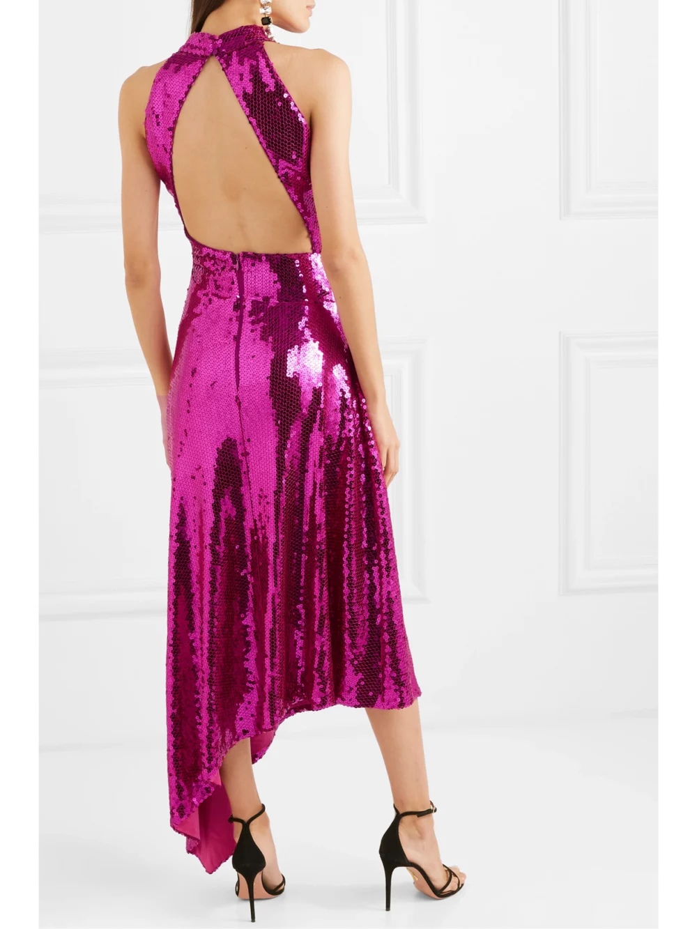 Back view of the Rasario Asymmetric Open-back Sequined Satin Midi Dress