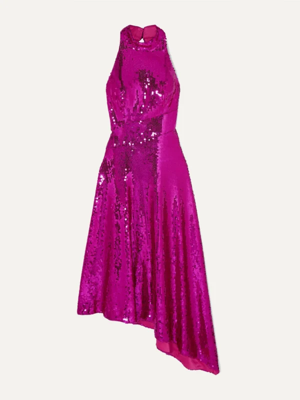 Rasario Asymmetric Open-back Sequined Satin Midi Dress