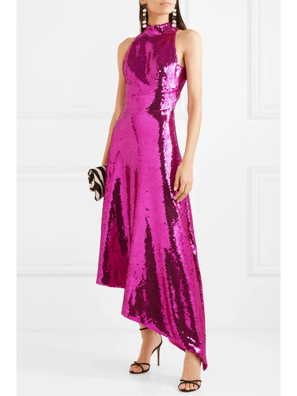 Rasario Asymmetric Open-back Sequined Satin Midi Dress, worn by a model