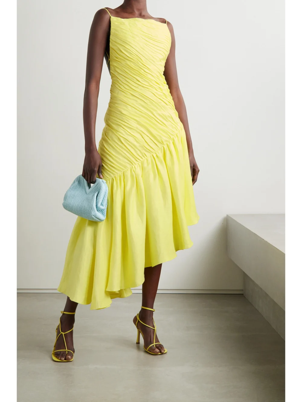 Rasario Asymmetric Ruffled Linen-blend Dress, worn by a model