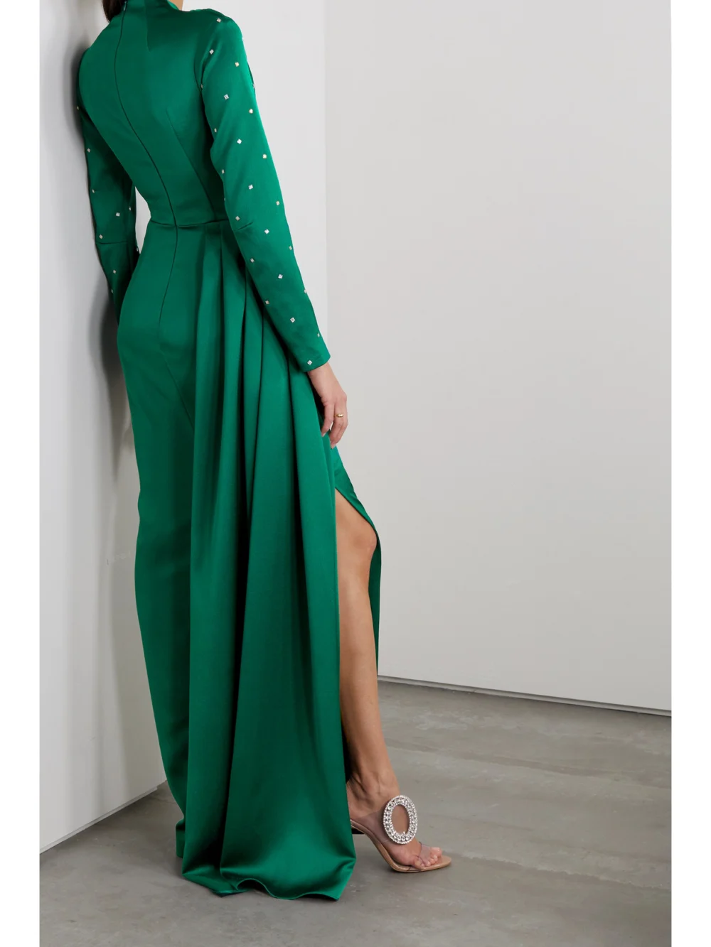 Back view of the Rasario Crystal-embellished Draped Satin Gown